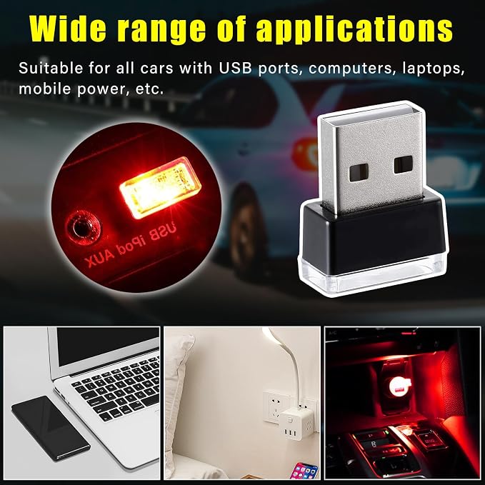 Augeny 4 PCS USB LED Car Interior Atmosphere Lamp, Plug-in USB Decor Night Light, Portable Auto Ambient Lighting Kit, Universal Vehicle Interior Accessories for Most Cars (Red)