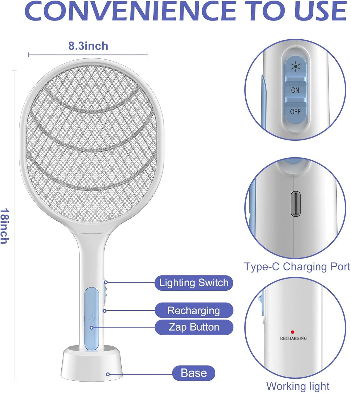 Bug Zapper 2 Pack, VANELC Electric Fly Swatter Racket Fly Zapper, 3000 Volt USB Rechargeable Fly Trap Mosquito Zapper Pest Insects Control for Home, Kitchen, Office, Outdoor