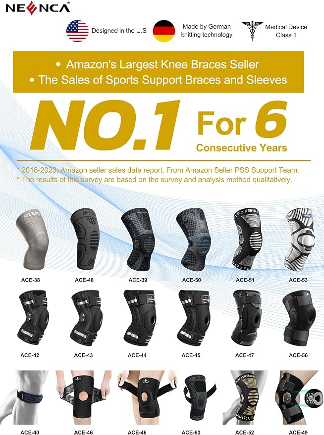 NEENCA Knee Braces for Knee Pain Relief, Compression Knee Sleeves with Patella Gel Pad & Side Stabilizers, Knee Support for Weightlifting, Running, Workout, Arthritis, Meniscus Tear, Men Women. ACE-53 | Patented Patella Gel Pad & Side Stabilizers, Comp...