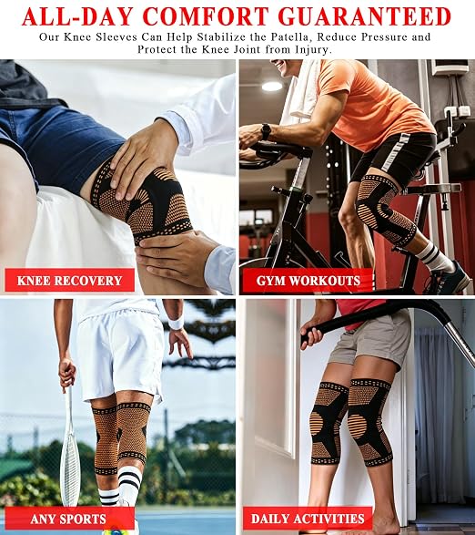 2 Pcs Knee Compression Sleeves for Men Women, Compression Knee Brace with Patella Gel Pad & Side Stabilizers,Knee Support for Meniscus Tear, Arthritis, Knee Pain Relief, Sports (Black and Brown, X-Large)