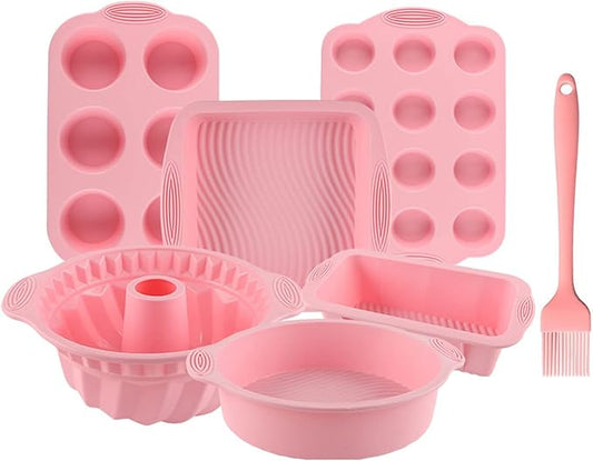Acidea Nonstick Silicone Bakeware Set, 7pcs Baking Cake Pan, Economical BPA Free Heat Resistant Bakeware Suppliers Tools Kit with Silicone Brush for DIY Loaf Bread Cheesecake Pizza Cupcake Muffin