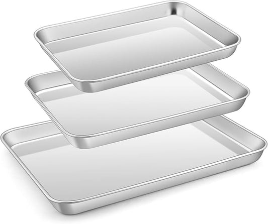 E-far Stainless Steel Baking Sheet Set of 3, 12.4”/10.5” /9.4” Cookie Sheet for Oven, Rimmed Metal Tray for Cooking Baking Bacon, Non-toxic & Dishwasher Safe