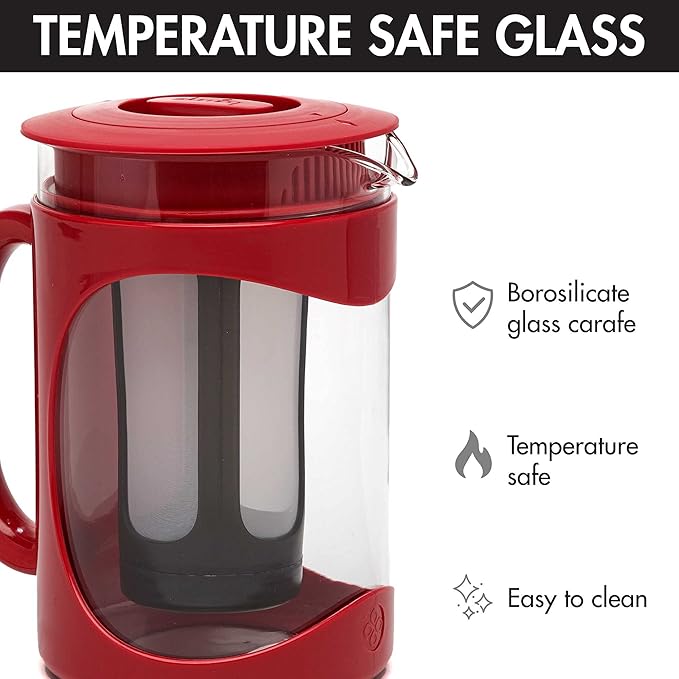 Primula Burke Deluxe Cold Brew Iced Coffee Maker, Comfort Grip Handle, Durable Glass Carafe, Removable Mesh Filter, Perfect 6 Cup Size, Dishwasher Safe, 1.6 qt, Red
