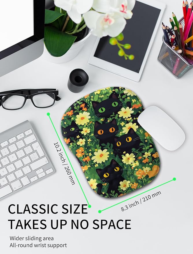 Hokafenle Ergonomic Wrist-Hugging Mouse Pad Wrist Support, U-Shaped Holding Wrist Rest Mousepad for Carpal Tunnel Pain Relief with Cushioned Memory Foam Slope Massage Bulge(10.2x8.3 in,Big Eyed Cat)