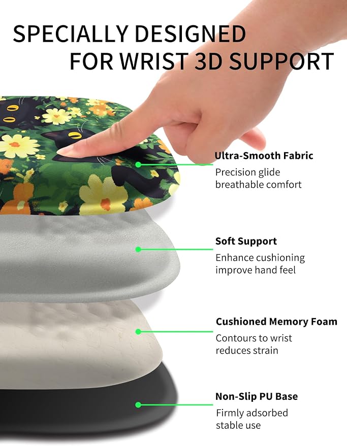 Hokafenle Ergonomic Wrist-Hugging Mouse Pad Wrist Support, U-Shaped Holding Wrist Rest Mousepad for Carpal Tunnel Pain Relief with Cushioned Memory Foam Slope Massage Bulge(10.2x8.3 in,Big Eyed Cat)