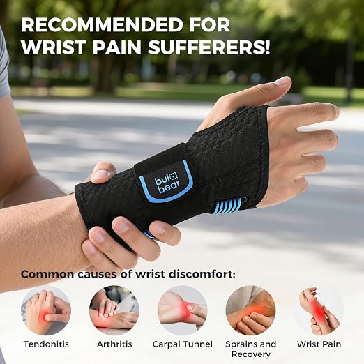 Carpal Tunnel Wrist Brace with Removable Splints, Breathable Wrist Support for Men & Women, Night & Work Support, Pain Relief, Tendonitis, Sprain, Rigid Hand Brace for Arthritis, Right Hand (S/M, Black/Blue)