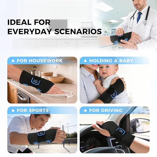 Carpal Tunnel Wrist Brace with Removable Splints, Breathable Wrist Support for Men & Women, Night & Work Support, Pain Relief, Tendonitis, Sprain, Rigid Hand Brace for Arthritis, Right Hand (S/M, Black/Blue)